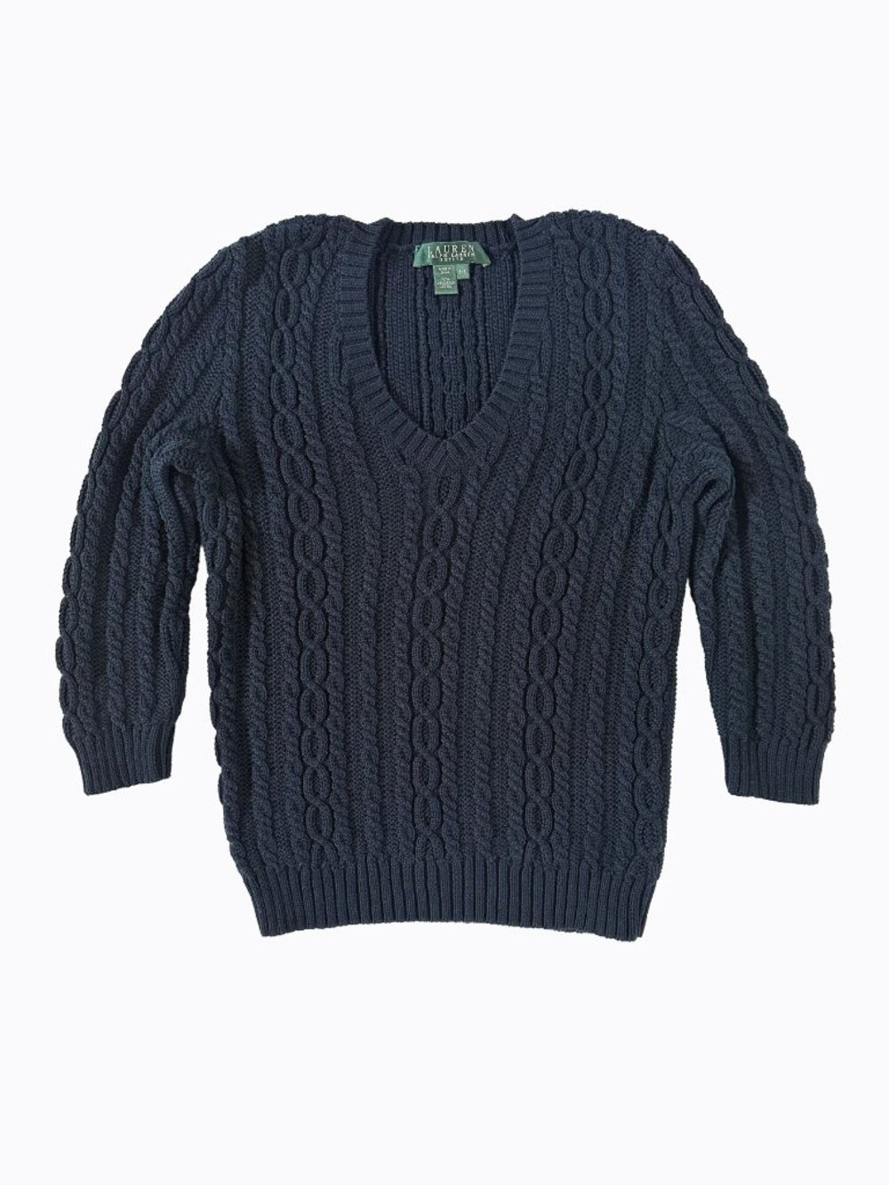 Vtg 90s Lauren Ralph Lauren Navy Cable Knit Sweater XS or SP Cotton Preppy LRL